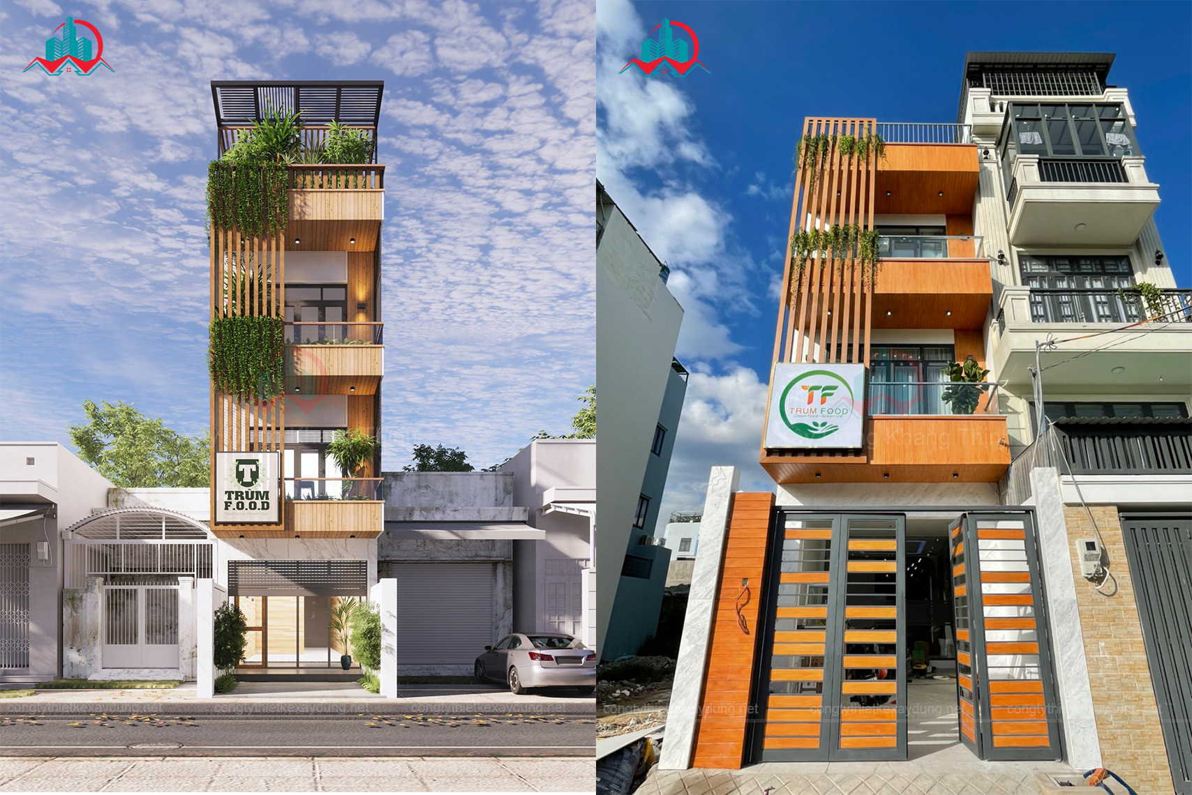 Thiết kế xây dựng nhà phố phong cách hiện đại mặt tiền ốp gỗ